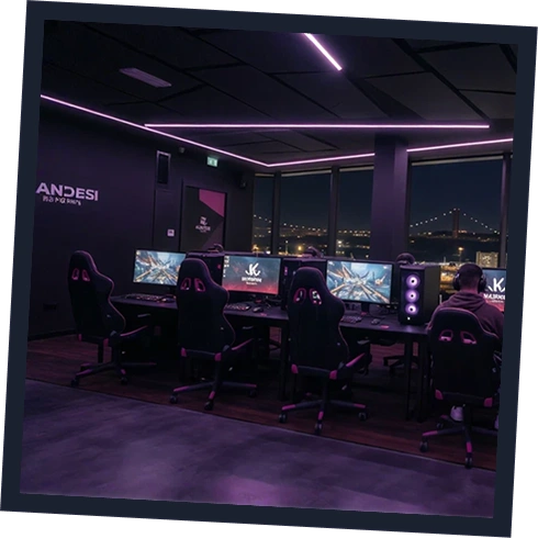 Sala de esports do Kandesi com filas de computadores gaming e iluminação LED